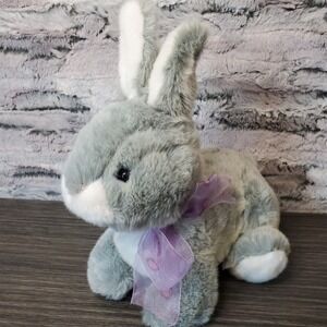 Kmart Fluffy Grey Easter Bunny Rabbit‎ Plush Stuffed Animal Purple Sheer Bow